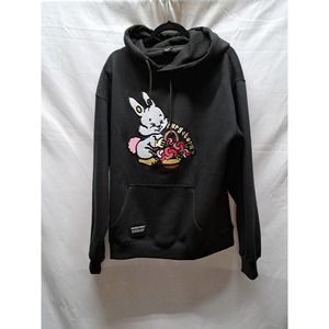 :Purgatory Black thick Hoodie w/ Rabbit & Roses Embroidered Front Sweatshirt LG